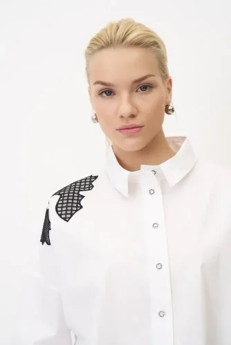 Beyaz Patch Dantelli Chalki Gömlek - 4