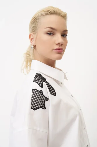 Beyaz Patch Dantelli Chalki Gömlek - 5