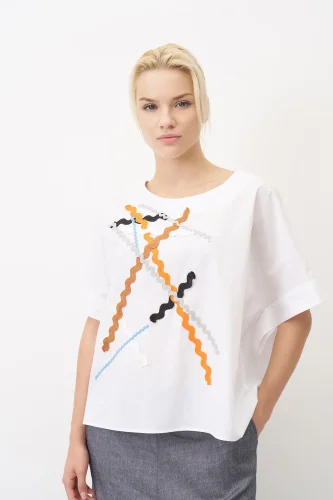 Beyaz Renkli Bantlı Poplin Kasos Bluz - 1