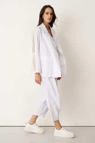 Beyaz Sırtı Fileli Önü Kumaş Blazer Gyaros Ceket - 1