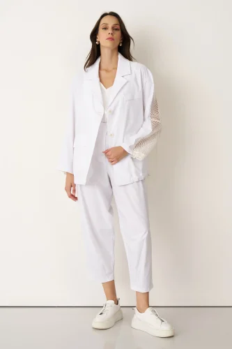 Beyaz Sırtı Fileli Önü Kumaş Blazer Gyaros Ceket - BIZE (1)