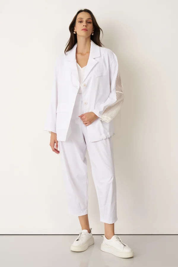 Beyaz Sırtı Fileli Önü Kumaş Blazer Gyaros Ceket - 2