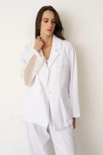 Beyaz Sırtı Fileli Önü Kumaş Blazer Gyaros Ceket - 3