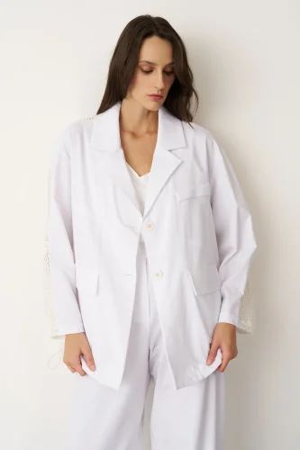 Beyaz Sırtı Fileli Önü Kumaş Blazer Gyaros Ceket - 4