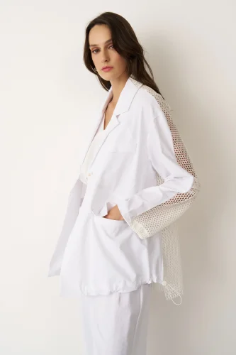 Beyaz Sırtı Fileli Önü Kumaş Blazer Gyaros Ceket - 5