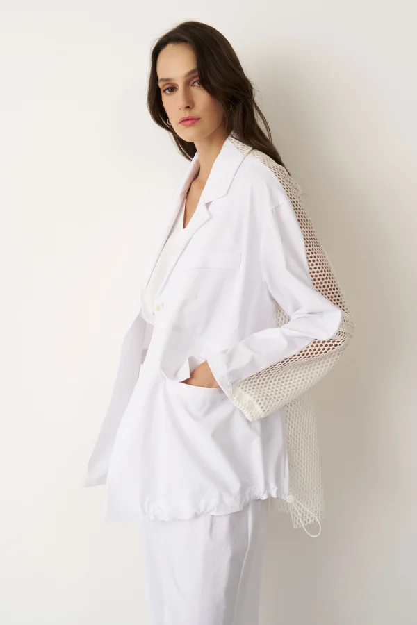 Beyaz Sırtı Fileli Önü Kumaş Blazer Gyaros Ceket - 5