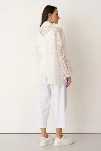 Beyaz Sırtı Fileli Önü Kumaş Blazer Gyaros Ceket - 6