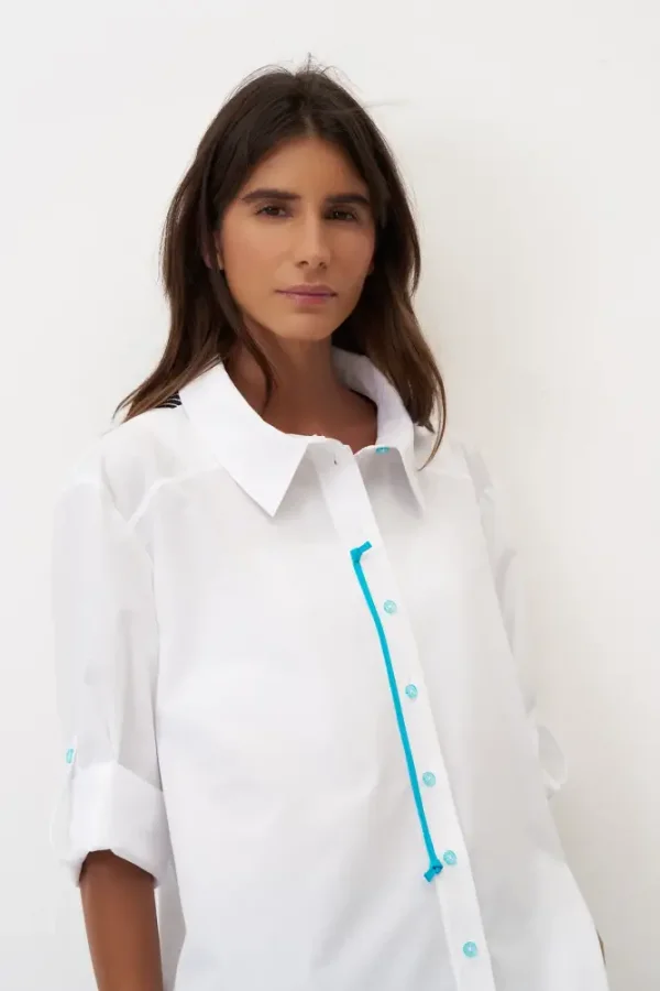 Beyaz Sırtı Renkli Bantlı Poplin Marina Gömlek - 5