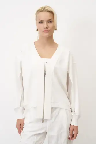 Beyaz Triko Bantlı Önü Fermuarlı Sifnos Ceket - BIZE (1)