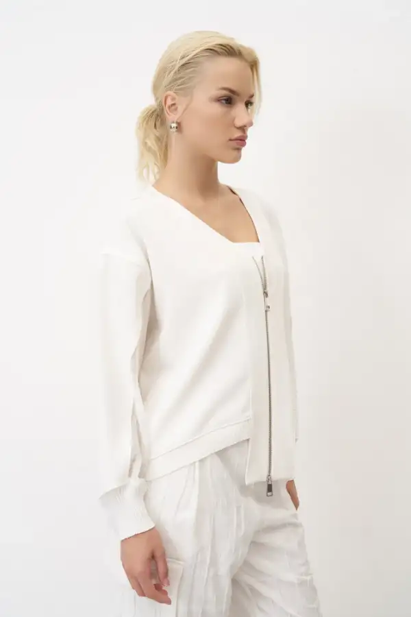 Beyaz Triko Bantlı Önü Fermuarlı Sifnos Ceket - 4