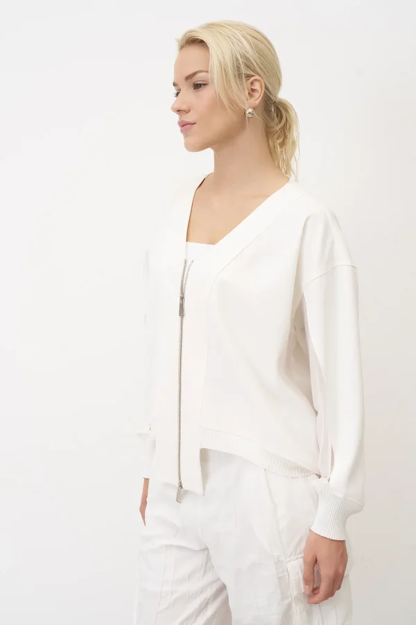 Beyaz Triko Bantlı Önü Fermuarlı Sifnos Ceket - 3