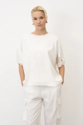 Beyaz Triko Bantlı Rahat Kesim Sifnos Bluz - 1
