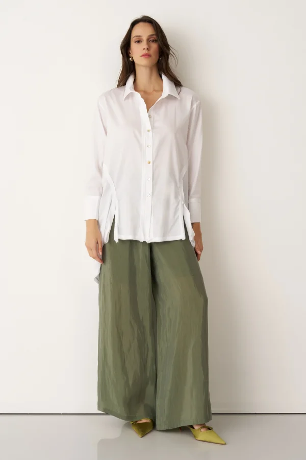 Beyaz Yırtmaçlı Rahat Kesim Uzun Nisida Gömlek - 2