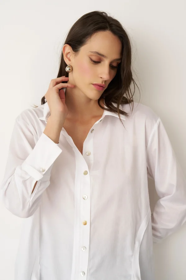 Beyaz Yırtmaçlı Rahat Kesim Uzun Nisida Gömlek - 3