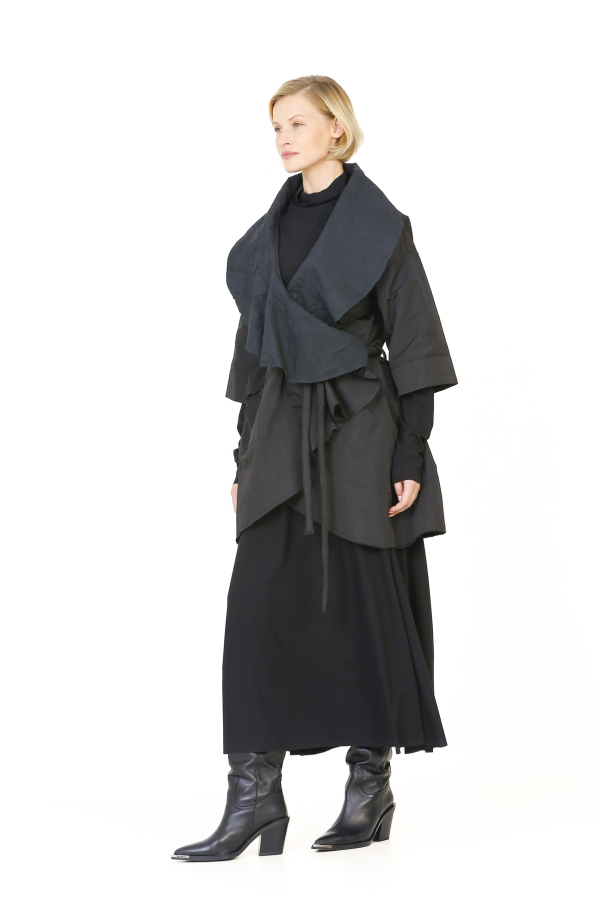 Big Collar Taffeta Jacket - Black - 3