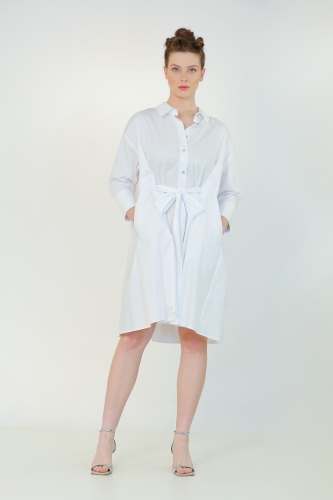 Bol Bağlamalı Gömlek Elbise - Beyaz - 1