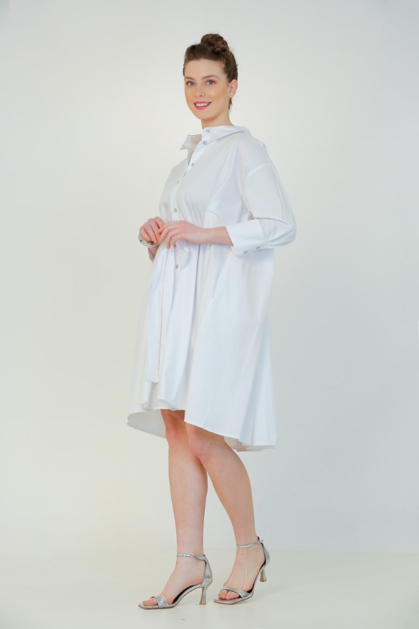 Bol Bağlamalı Gömlek Elbise - Beyaz - 2