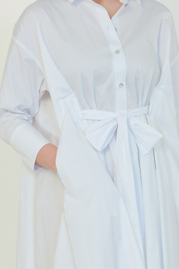 Bol Bağlamalı Gömlek Elbise - Beyaz - 3
