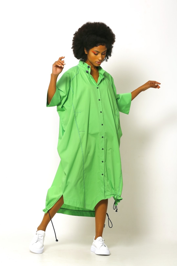 Büzgülü Yaka Gömlek Elbise - Elma Yeşili - 2