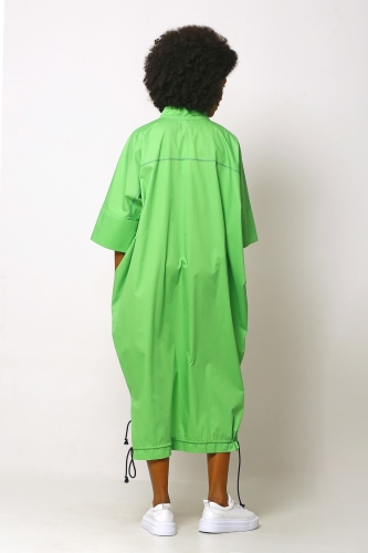 Büzgülü Yaka Gömlek Elbise - Elma Yeşili - 4