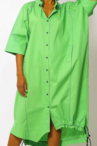 Büzgülü Yaka Gömlek Elbise - Elma Yeşili - 5