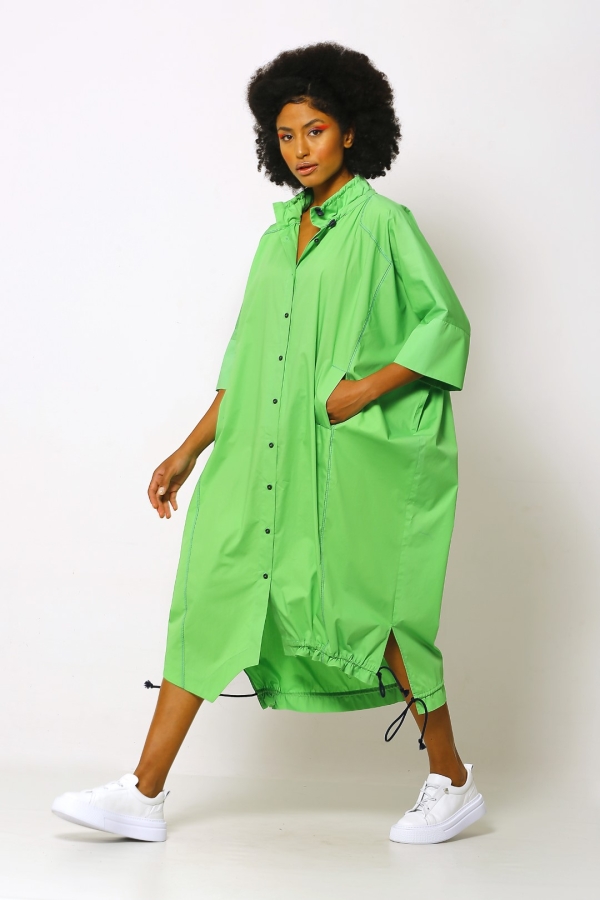 Büzgülü Yaka Gömlek Elbise - Elma Yeşili - 1