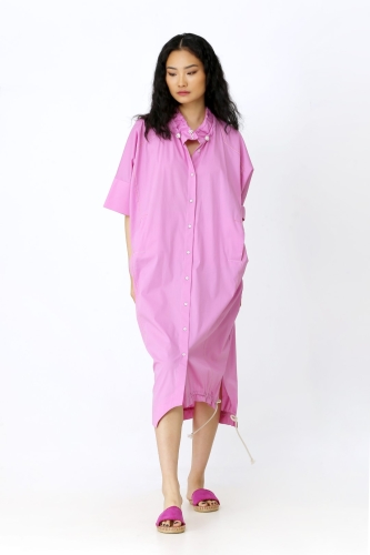 Büzgülü Yaka Gömlek Elbise - Pembe 