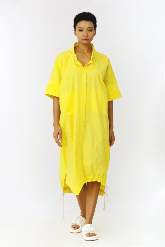 Büzgülü Yaka Gömlek Elbise - Sarı 
