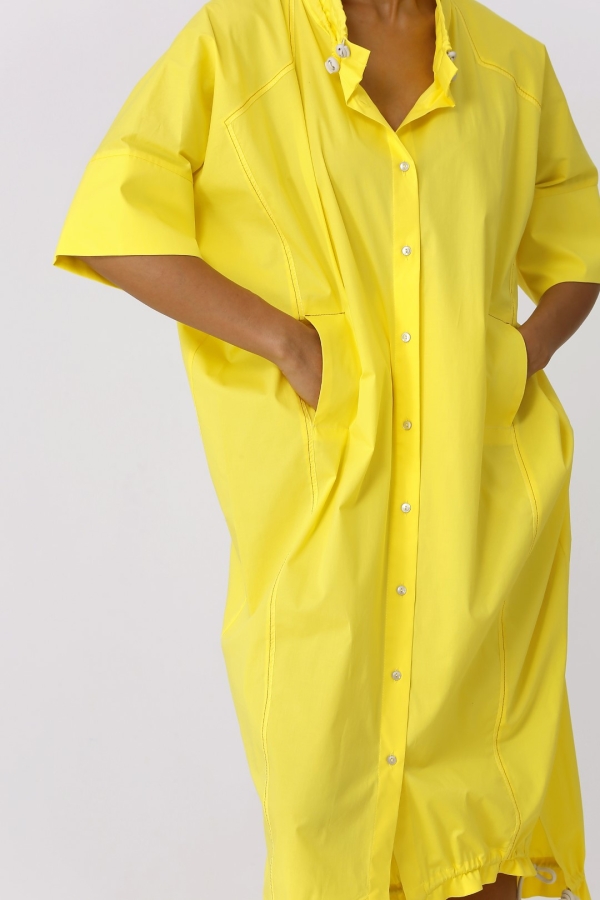Büzgülü Yaka Gömlek Elbise - Sarı - 5
