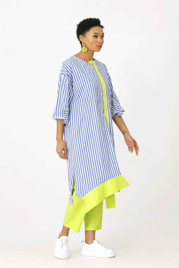Çizgili Gömlek Elbise - Limon Yeşili - 2