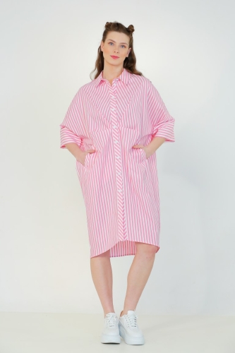 Çizgili Gömlek Elbise - Pembe 