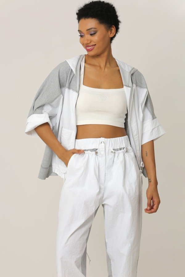 Crinkled Front Raincoat Fabric Pants - White - 1