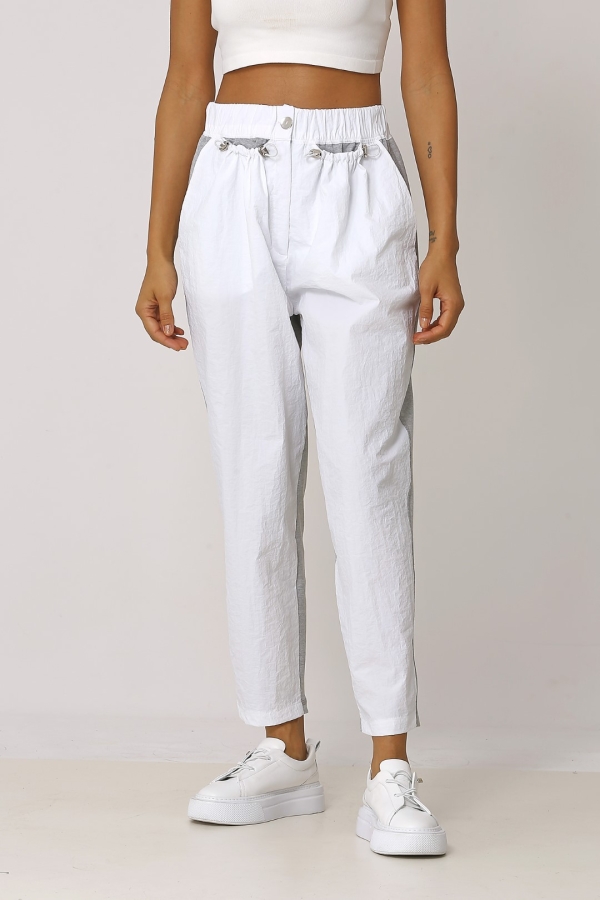 Crinkled Front Raincoat Fabric Pants - White - 2