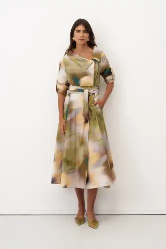 Desenli Asimetrik Yaka Desenli Ikaria Elbise - 1