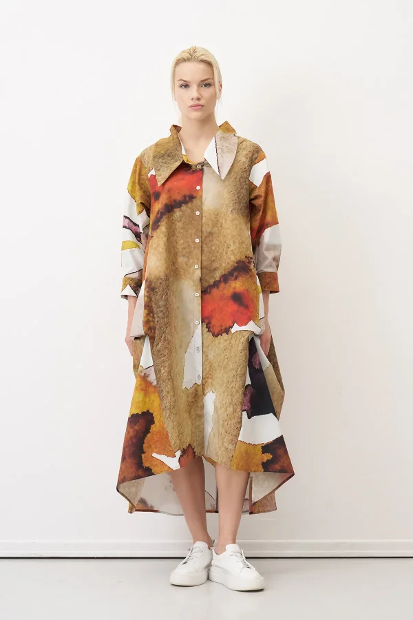 Desenli Baskılı Büyük Yaka Thasos Elbise - 1