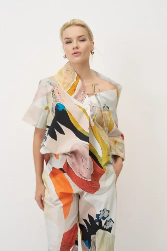 Desenli Baskılı Dik Yaka Kalymnos Bluz - 3