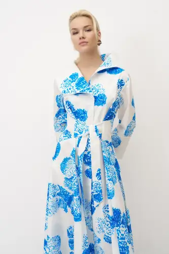 Desenli Baskılı Kemerli Büyük Yaka Hydra Elbise - 3