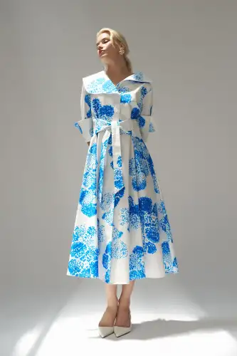 Desenli Baskılı Kemerli Büyük Yaka Hydra Elbise - 1