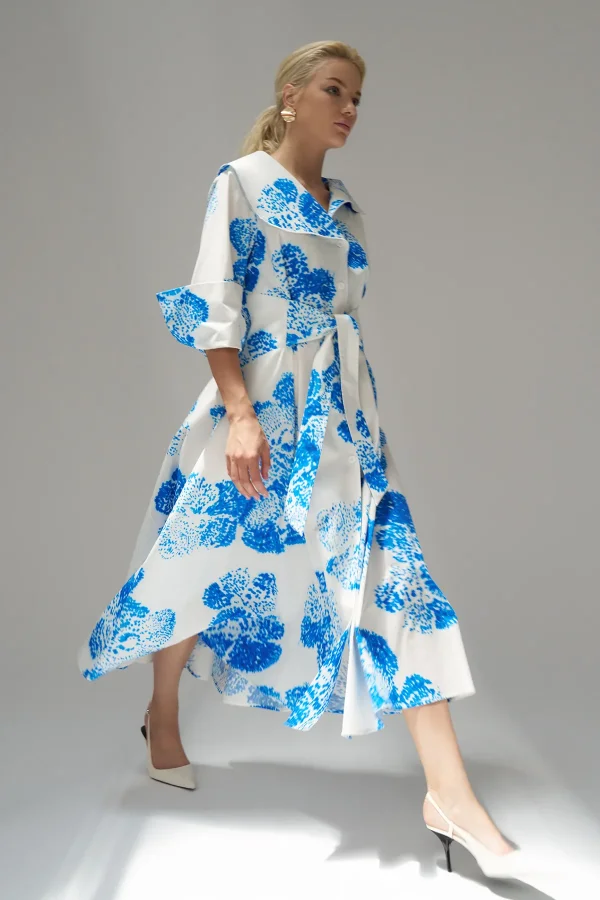 Desenli Baskılı Kemerli Büyük Yaka Hydra Elbise - 5