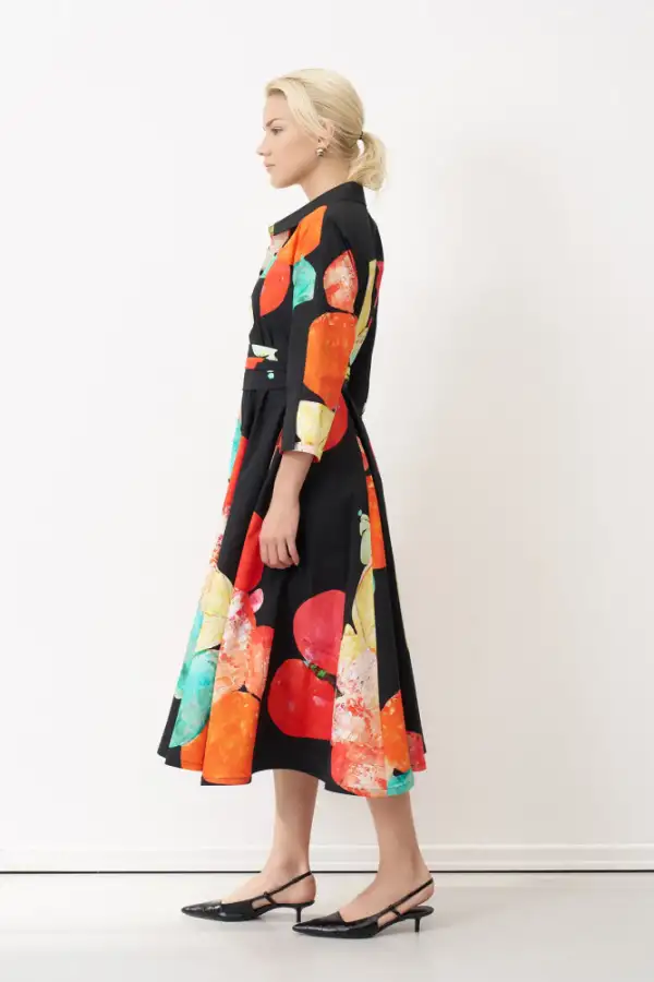 Desenli Baskılı Kemerli Uzun Kol Ios Elbise - 3