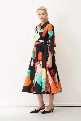 Desenli Baskılı Kemerli Uzun Kol Ios Elbise - BIZE (1)