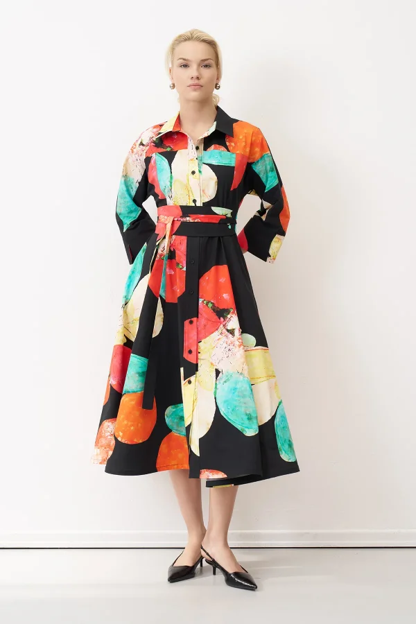 Desenli Baskılı Kemerli Uzun Kol Ios Elbise - 1