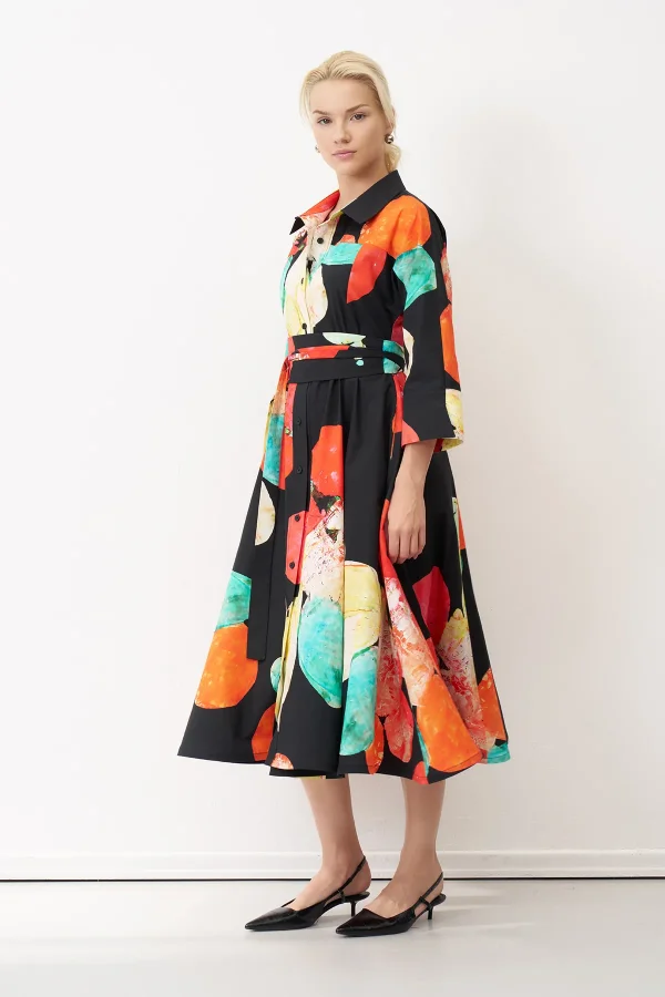 Desenli Baskılı Kemerli Uzun Kol Ios Elbise - BIZE (1)