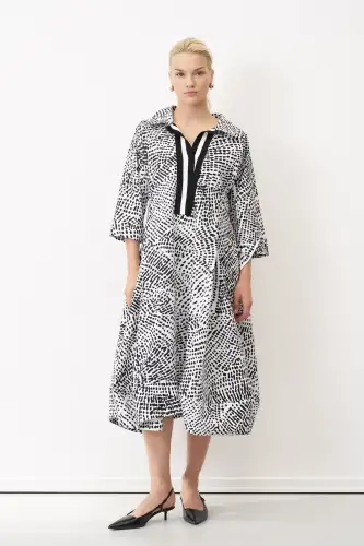 Desenli Baskılı Patı Şerit Detaylı Plati Elbise - 1