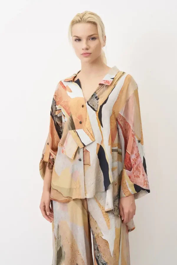 Desenli Baskılı Yakası Katlama Detaylı Milos Gömlek - 3