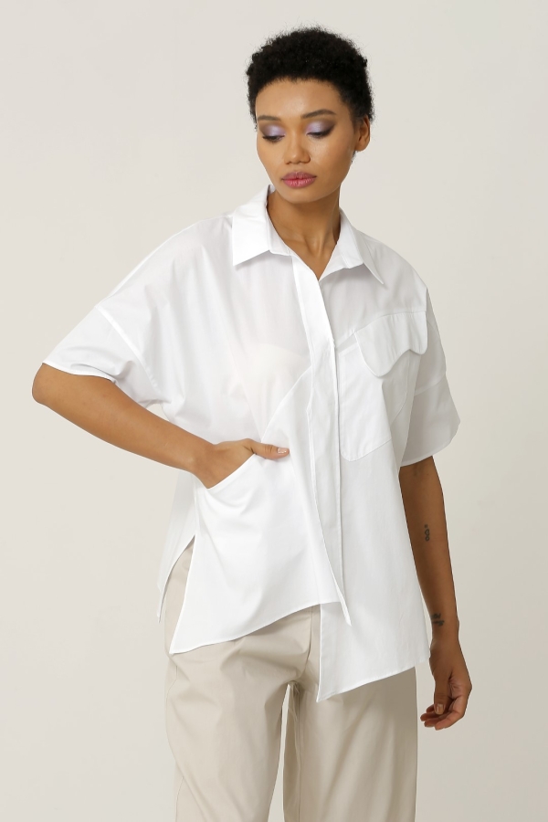 قميص جيب مفصل التصميم - أبيض - 2