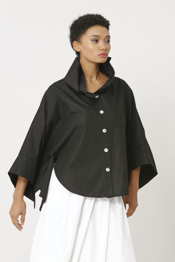 Double Collar Poncho Shirt - Black - 2