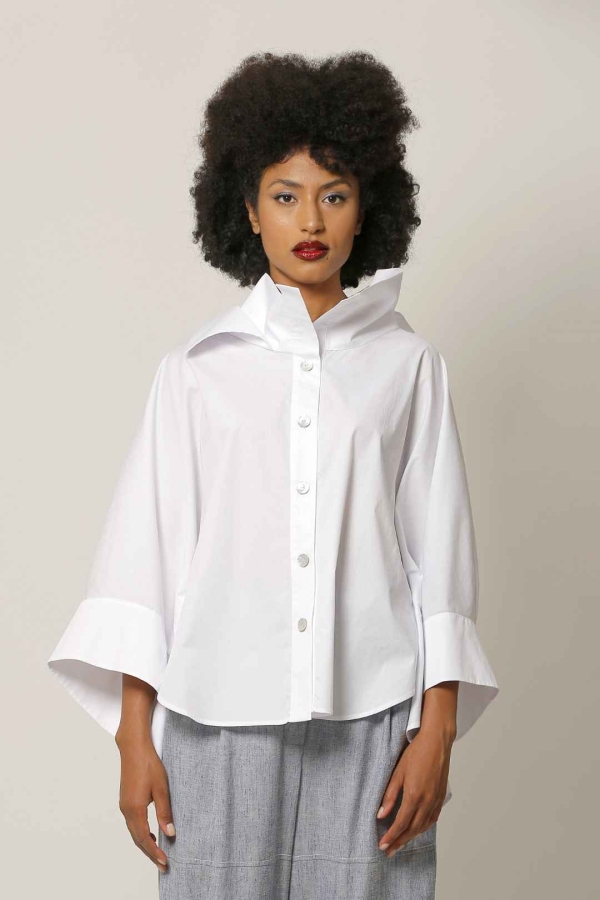 Double Collar Poncho Shirt - White - 3