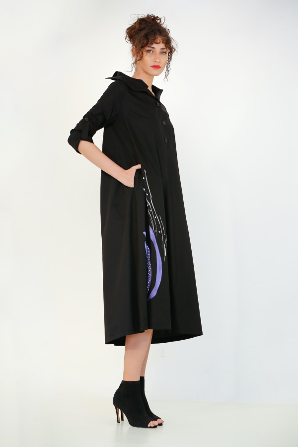 Double Collared Dress with Patented Front - Black - 1