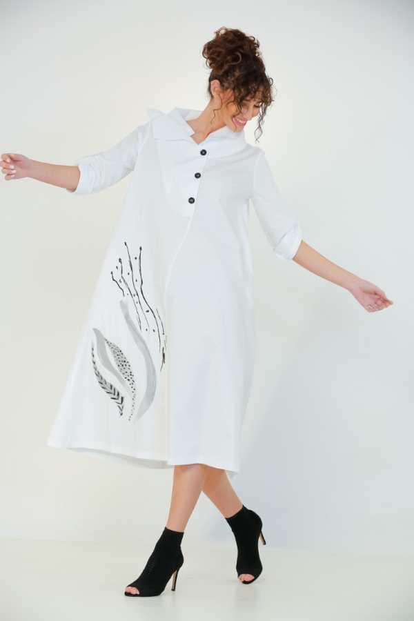 فستان بياقة مزدوجة مع مقدمة براءة اختراع - أبيض - 1